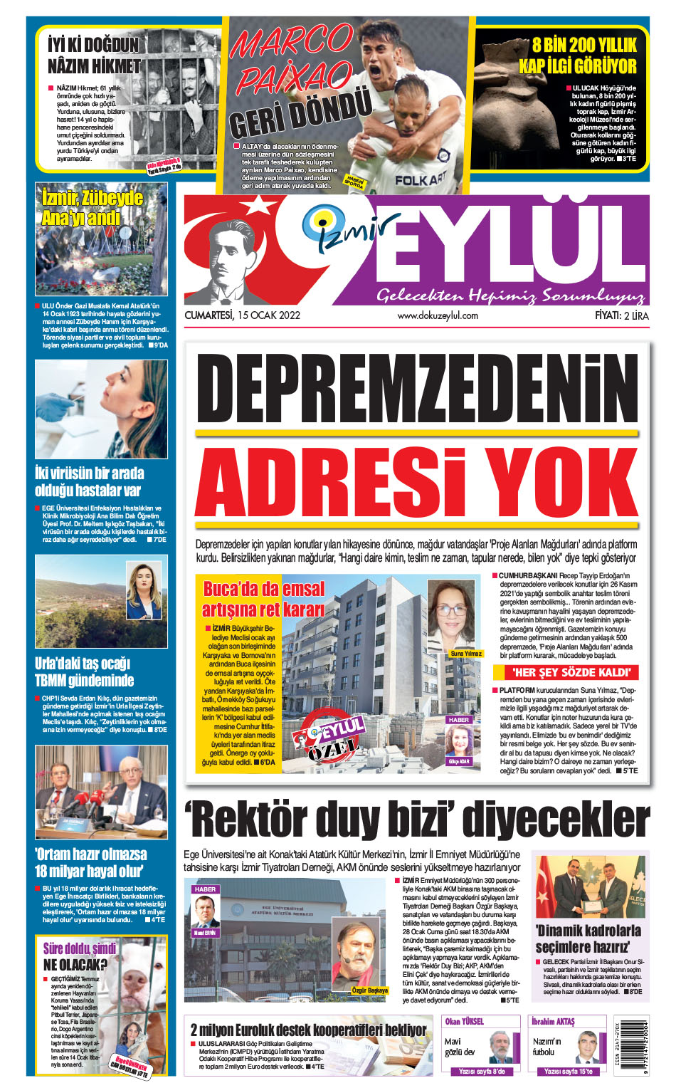 Dokuz Eylül Gazetesi | İzmir, Türkiye, Dünya'dan Güncel Haberler - 15.01.2022 Manşeti