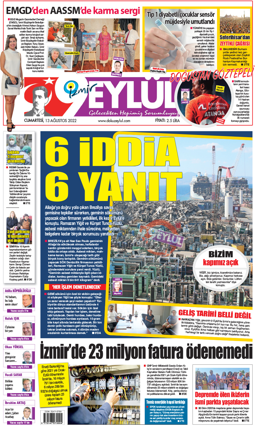 Dokuz Eylül Gazetesi | İzmir, Türkiye, Dünya'dan Güncel Haberler - 13.08.2022 Manşeti