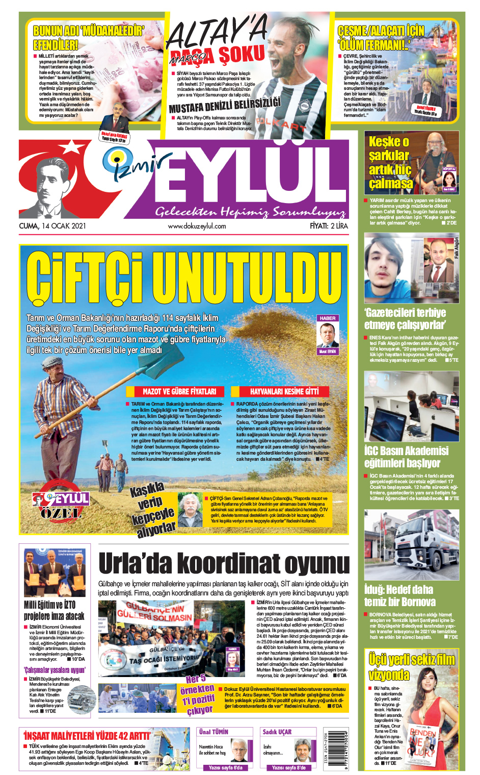 Dokuz Eylül Gazetesi | İzmir, Türkiye, Dünya'dan Güncel Haberler - 14.01.2022 Manşeti
