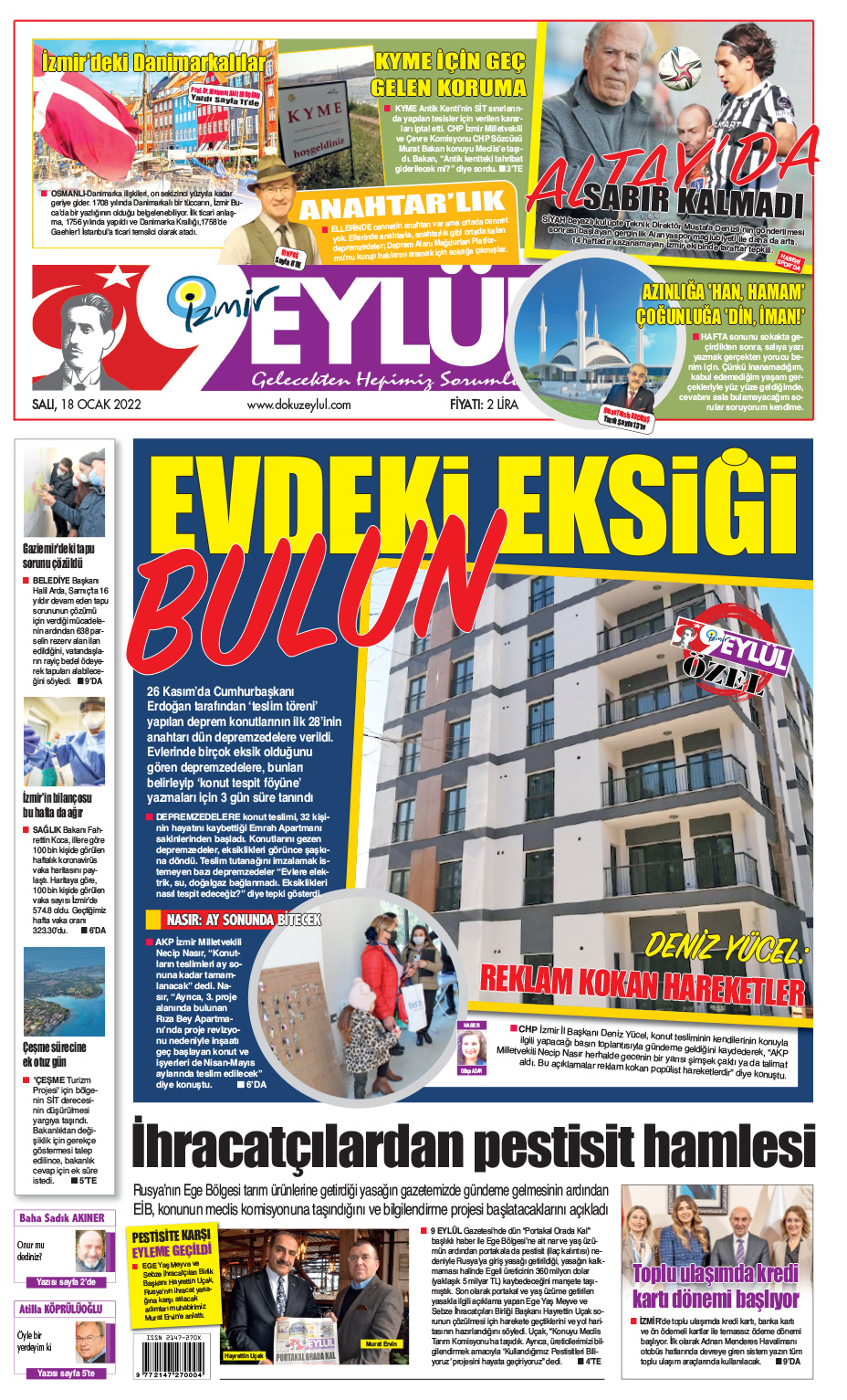 Dokuz Eylül Gazetesi | İzmir, Türkiye, Dünya'dan Güncel Haberler - 18.01.2022 Manşeti