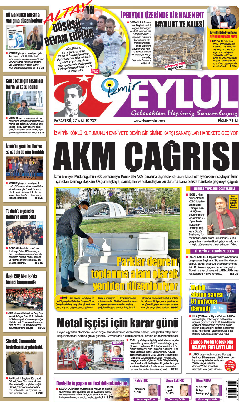 Dokuz Eylül Gazetesi | İzmir, Türkiye, Dünya'dan Güncel Haberler - 27.12.2021 Manşeti